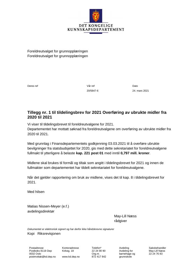 Forsiden av dokumentet Tildelingsbrev Foreldreutvalget for grunnopplæringen 2021 - tillegg nr. 1