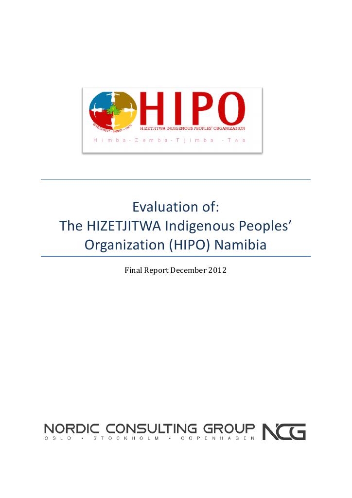 Forsiden av dokumentet Evaluation of: The HIZETJITWA Indigenous Peoples’ Organization (HIPO) Namibia