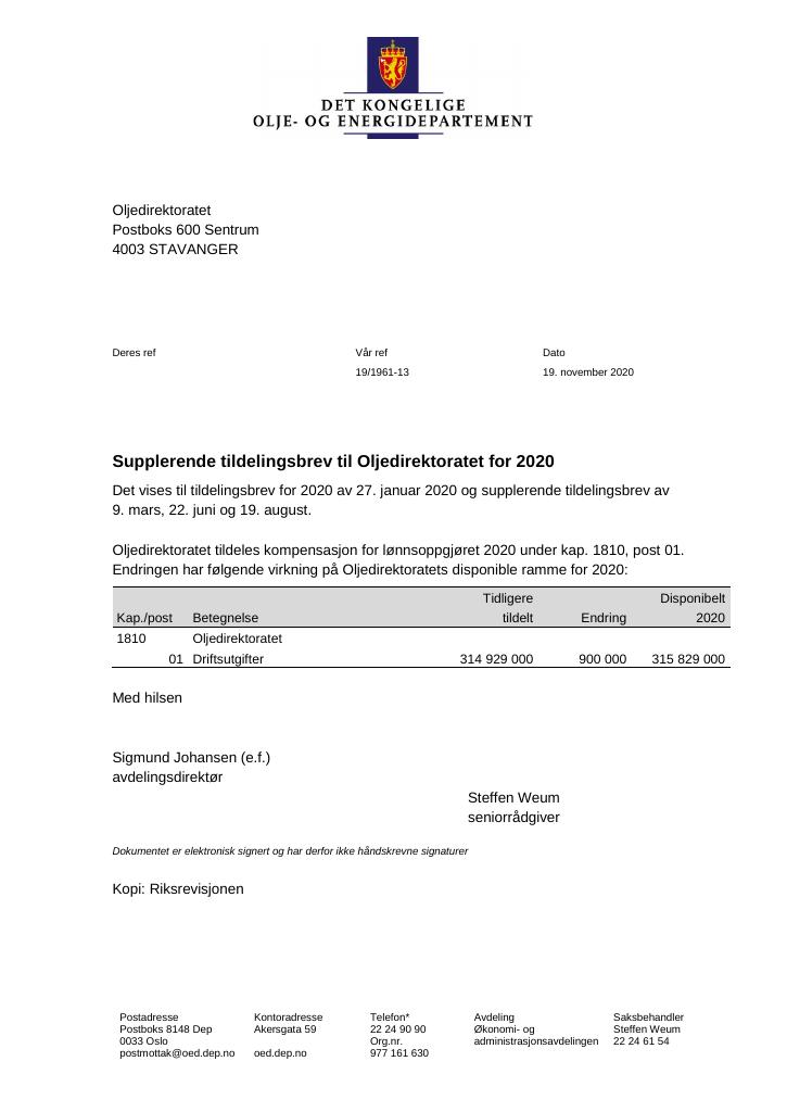 Forsiden av dokumentet Supplerende tildelingsbrev Oljedirektoratet 2020 - nr. 4