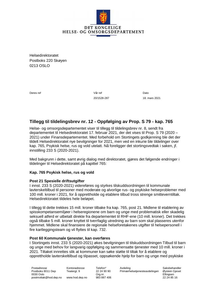 Forsiden av dokumentet Tildelingsbrev Helsedirektoratet 2021 - tillegg nr. 12