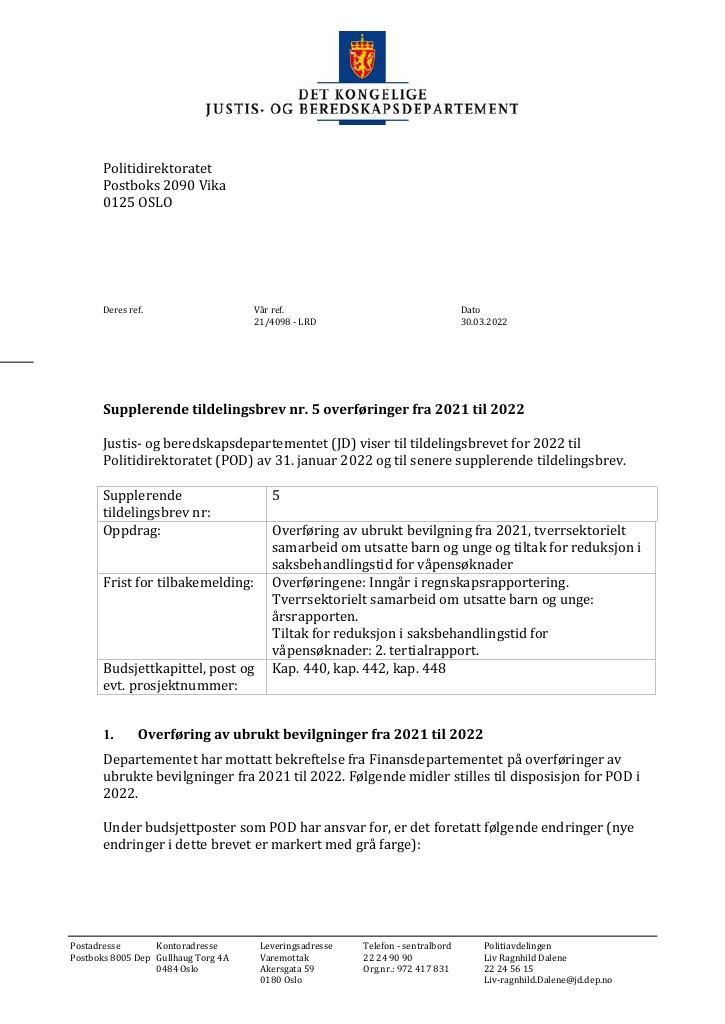 Forsiden av dokumentet Tildelingsbrev Politidirektoratet 2022 - tillegg nr. 5