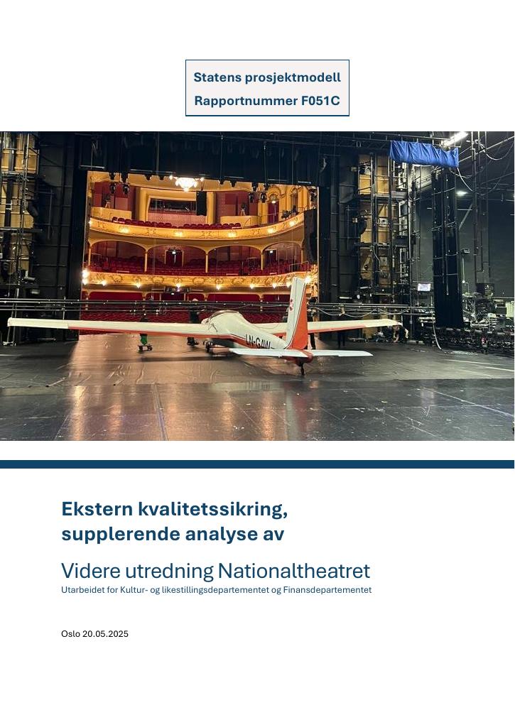 Forsiden av dokumentet Ekstern kvalitetssikring, supplerende analyse av Videre utredning Nationaltheatret