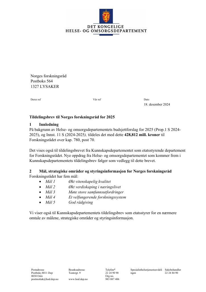 Forsiden av dokumentet Tildelingsbrev Norges forskningsråd 2025