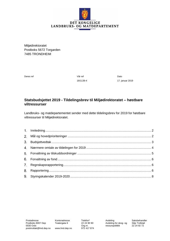 Forsiden av dokumentet Tildelingsbrev Miljødirektoratet 2019