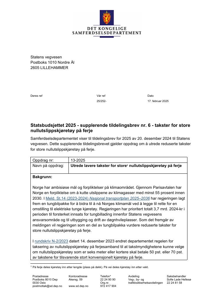 Forsiden av dokumentet Tildelingsbrev Statens vegvesen 2025 - tillegg nr. 6