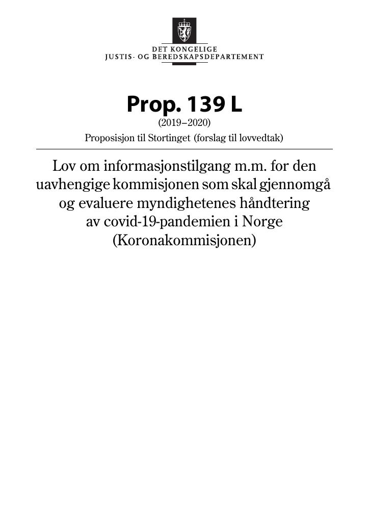 Forsiden av dokumentet Prop. 139 L (2019–2020)