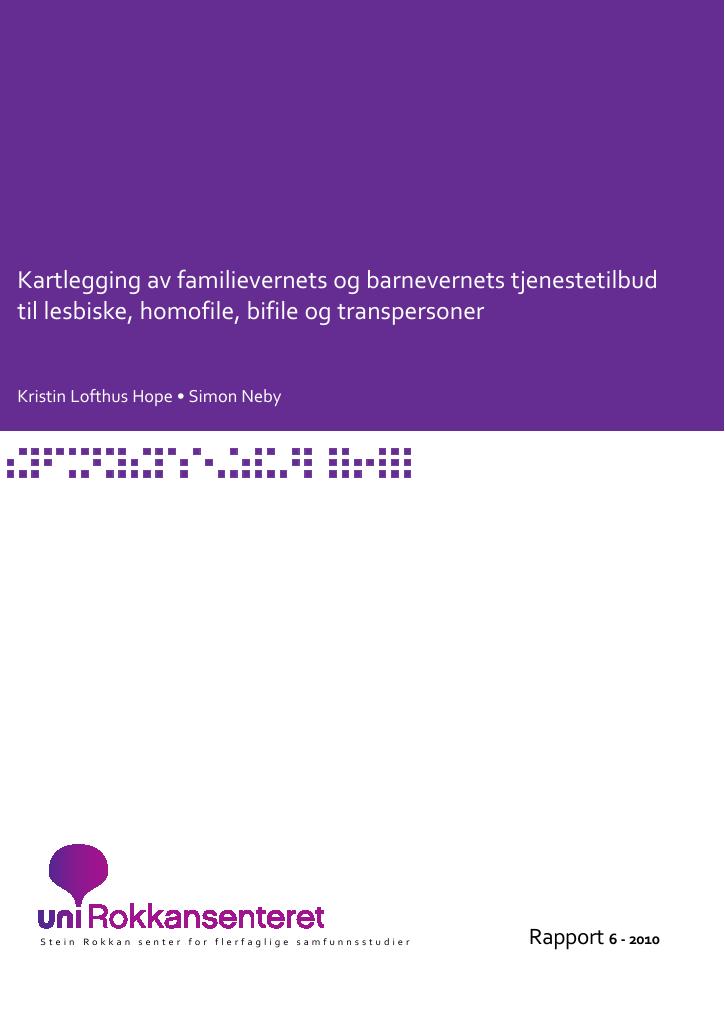 Forsiden av dokumentet Kartlegging av familievernets og barnevernets tjenestetilbud til lesbiske, homofile, bifile og transpersoner