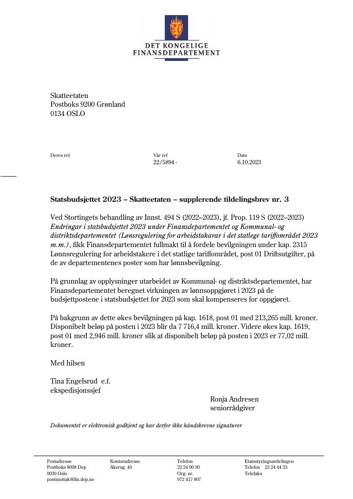 Forsiden av dokumentet Supplerende tildelingsbrev nr. 3 2023