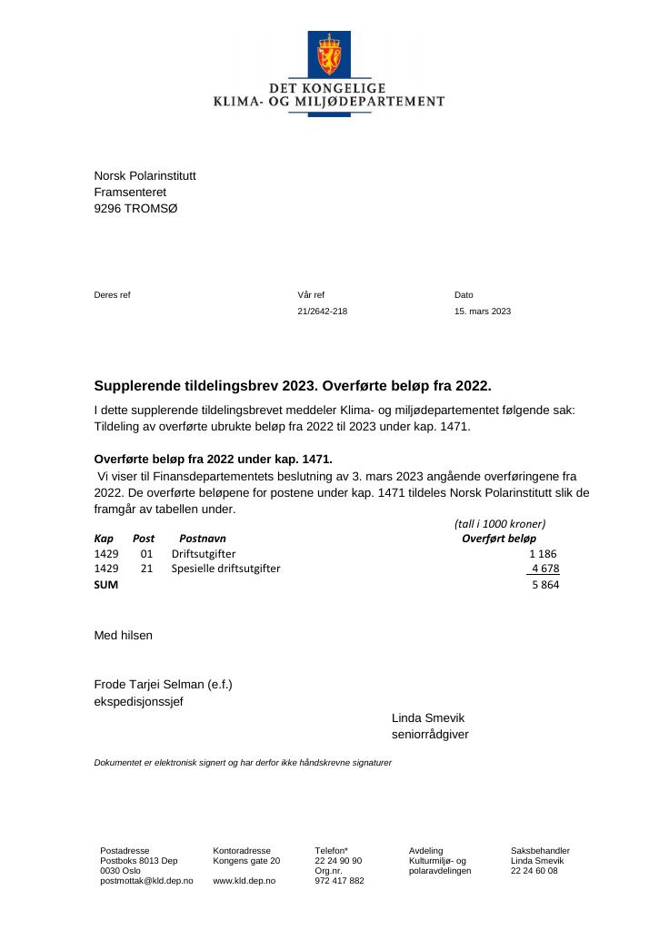 Forsiden av dokumentet Supplerende tildelingsbrev 15.03.2023