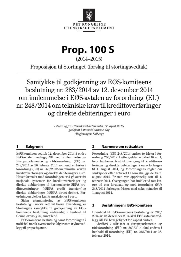 Forsiden av dokumentet Prop. 100 S (2014-2015)