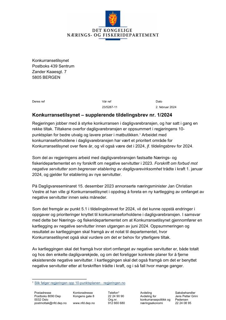 Forsiden av dokumentet Tildelingsbrev Konkurransetilsynet 2024 - tillegg