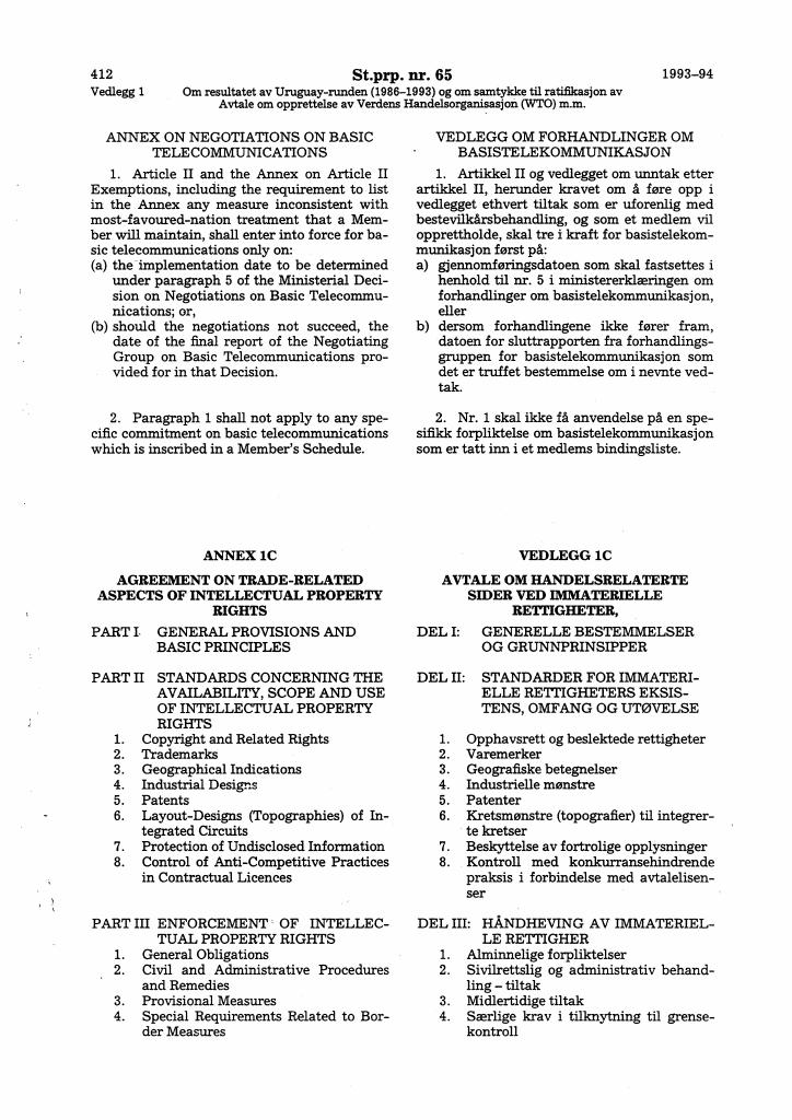 Forsiden av dokumentet Avtale om handelsrelaterte sider ved immaterielle rettigheter (TRIPS)