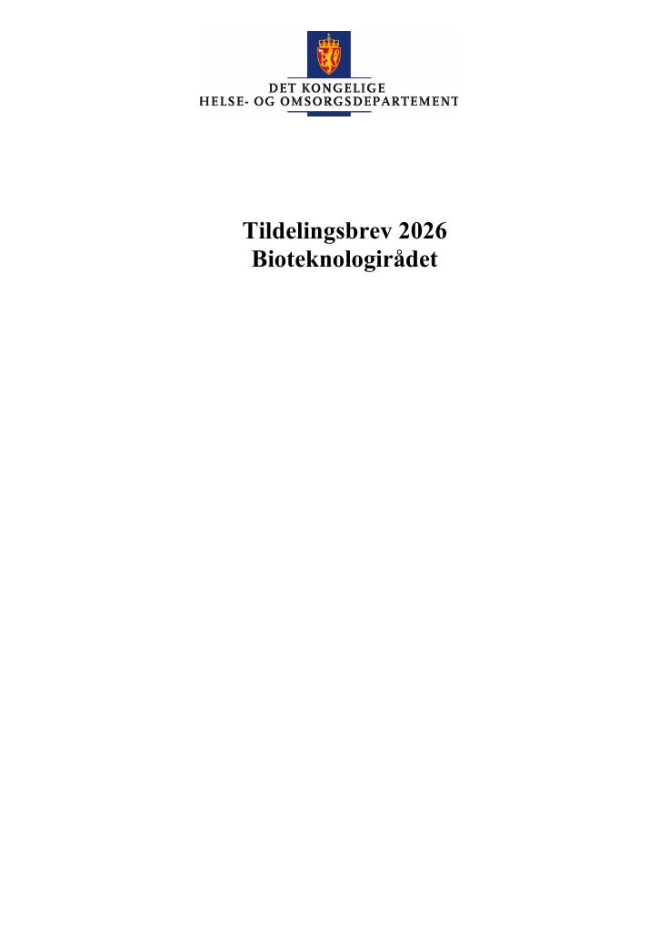 Forsiden av dokumentet Tildelingsbrev Bioteknologirådet 2026