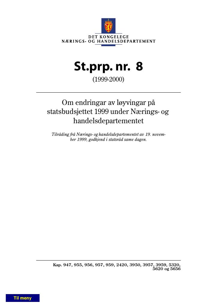 Forsiden av dokumentet St.prp. nr. 8 (1999-2000)