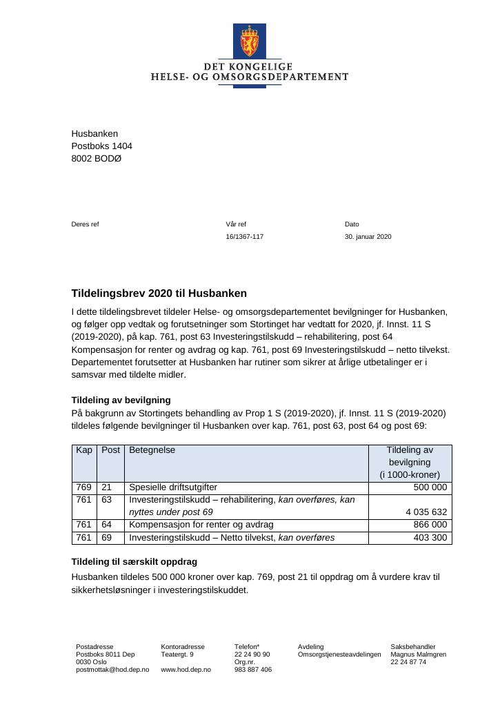Forsiden av dokumentet Tildelingsbrev Husbanken 2020