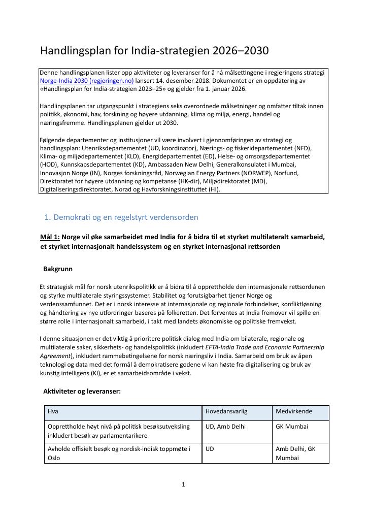 Forsiden av dokumentet Handlingsplan for India-strategien 2026–2030