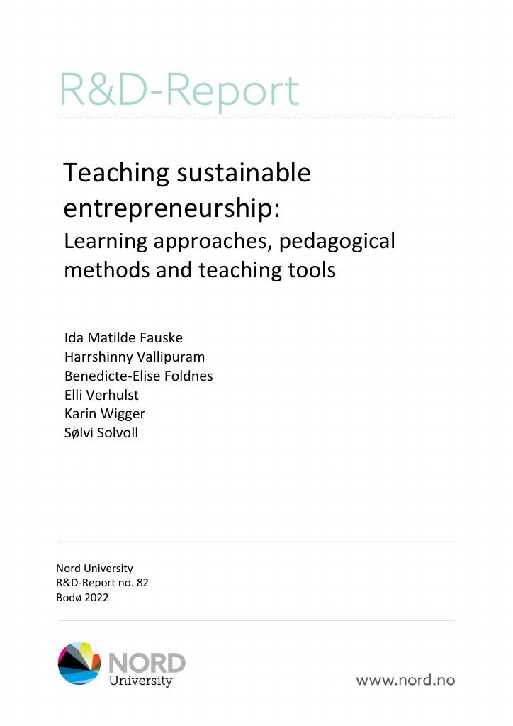 Forsiden av dokumentet Teaching sustainable entrepreneurship : Learning approaches, pedagogical methods and teaching tools