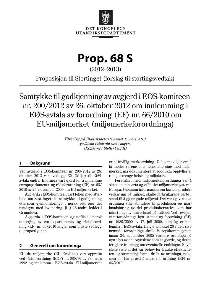 Forsiden av dokumentet Prop. 68 S (2012–2013)