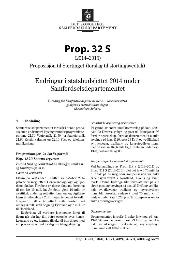 Forsiden av dokumentet Prop. 32 S (2014–2015)