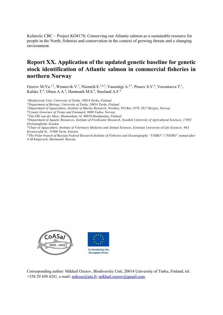 Forsiden av dokumentet Report XX. Application of the updated genetic baseline for genetic stock identification of Atlantic salmon in commercial fisheries in northern Norway