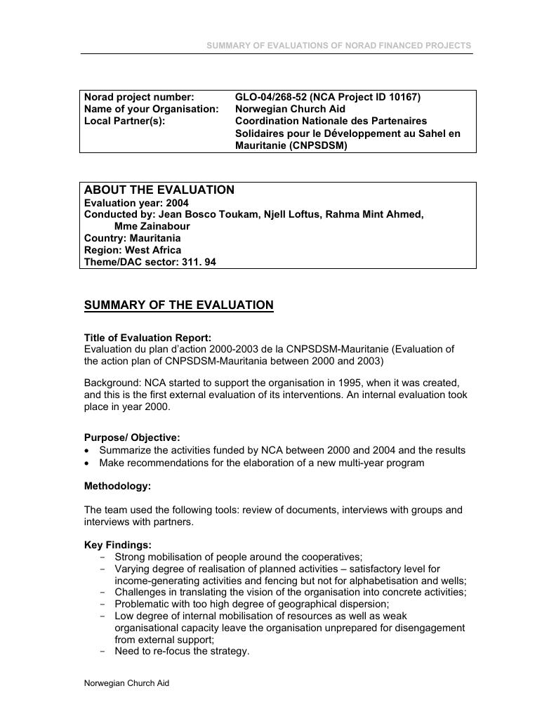 Forsiden av dokumentet Evaluation of the action plan of CNPSDSM-Mauritania between 2000 and 2003