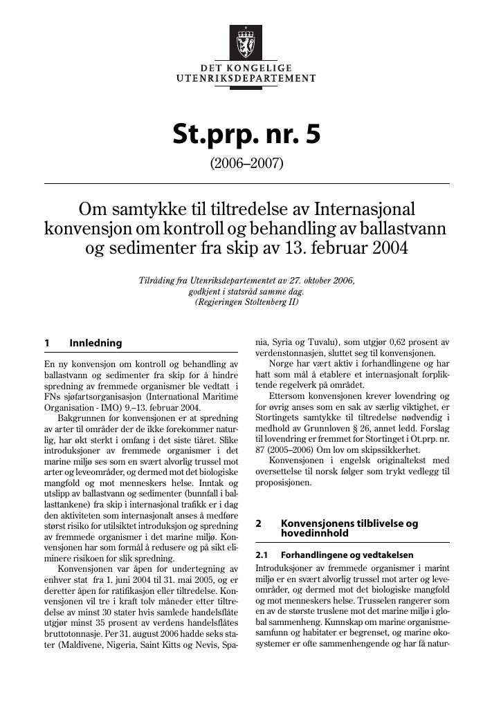 Forsiden av dokumentet St.prp. nr. 5 (2006-2007)