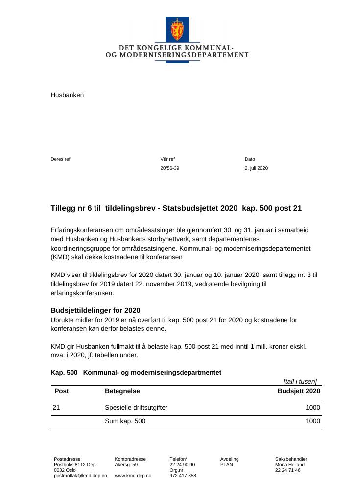 Tildelingsbrev Husbanken 2020 - Tillegg Nr. 6 - Kudos