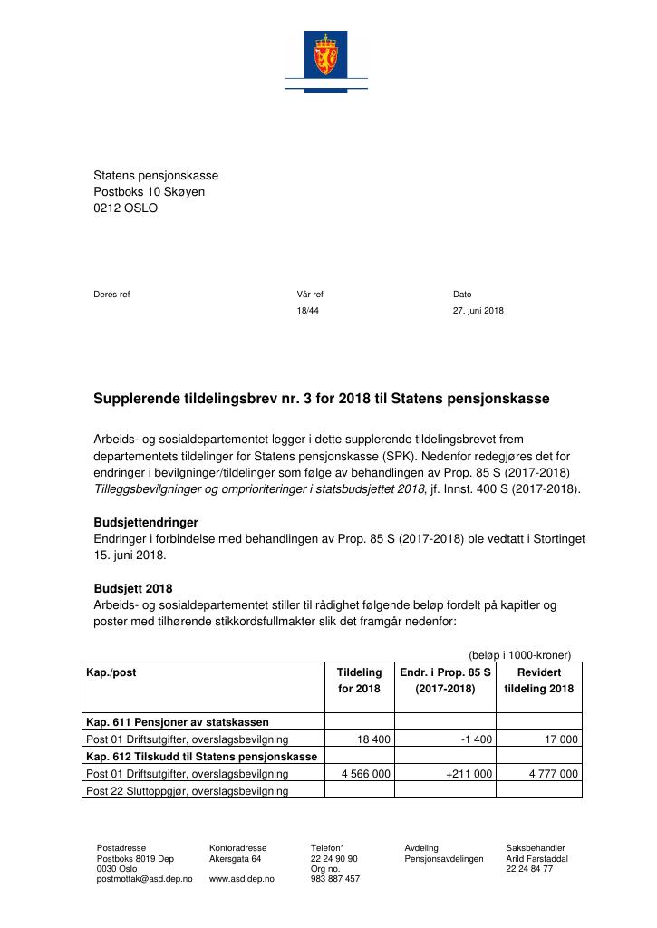 Forsiden av dokumentet Tildelingsbrev Statens pensjonskasse 2018 - tillegg nr. 3