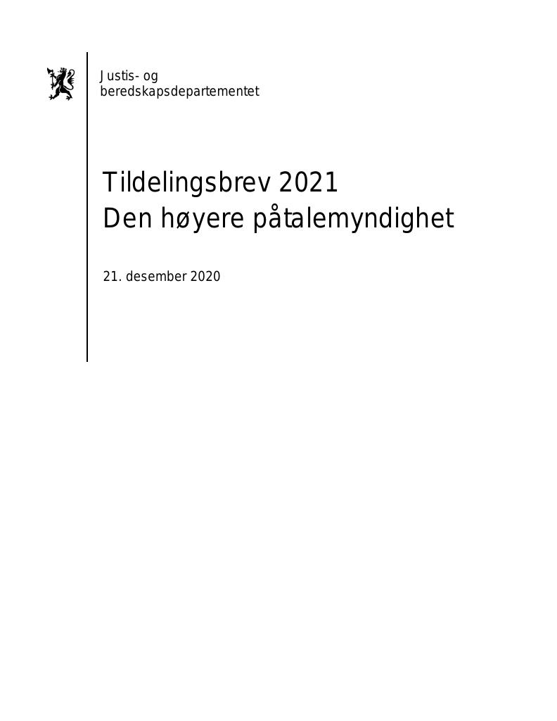 Forsiden av dokumentet Tildelingsbrev Den høyere påtalemyndighet 2021