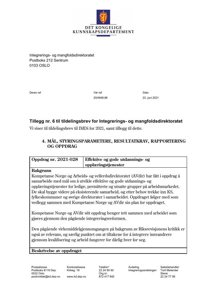 Forsiden av dokumentet Tildelingsbrev Integrerings- og mangfoldsdirektoratet 2021 - tillegg nr. 6