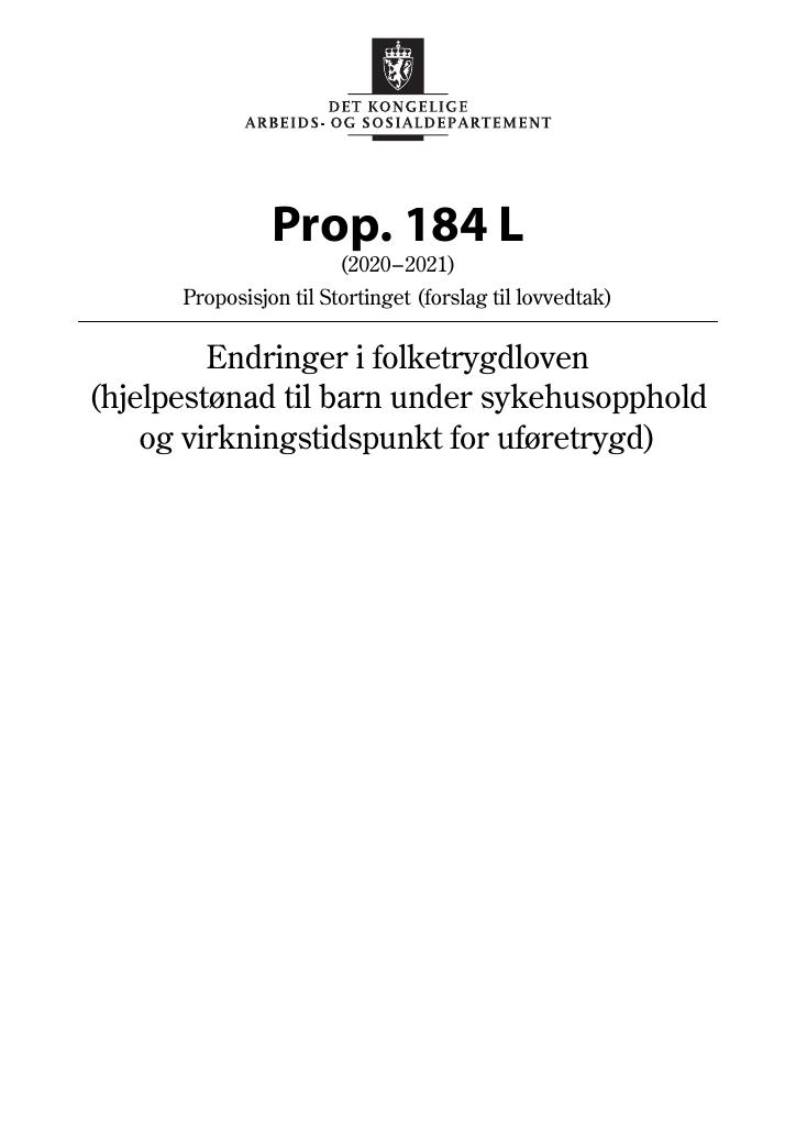Forsiden av dokumentet Prop. 184 L (2020–2021)