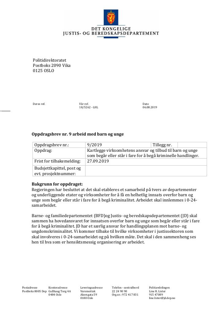 Forsiden av dokumentet Tildelingsbrev Politidirektoratet 2019 - tillegg nr. 9