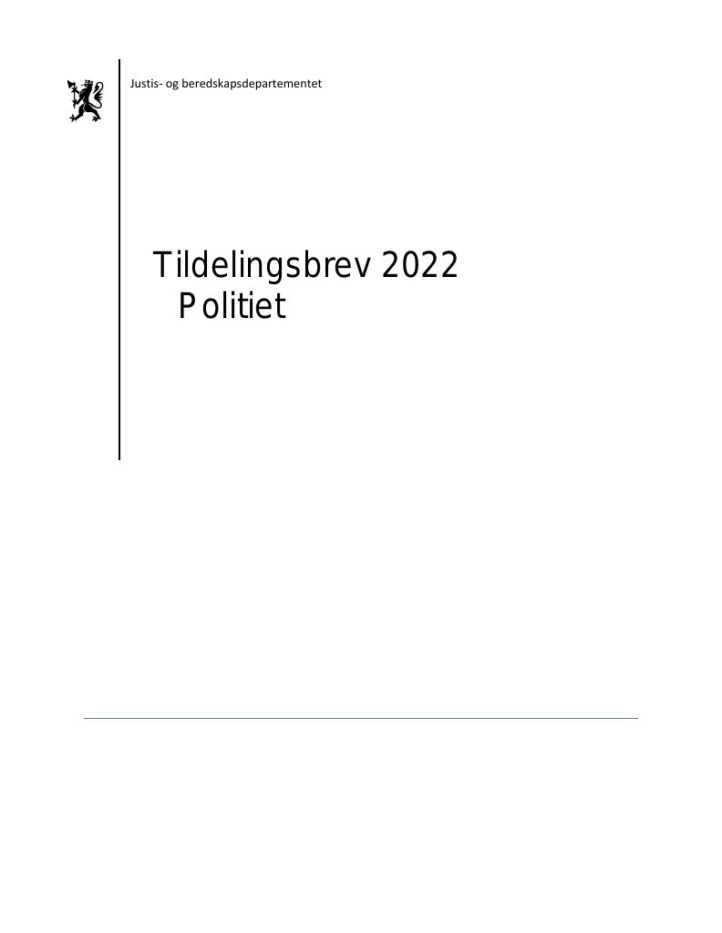 Forsiden av dokumentet Tildelingsbrev Politiet 2022