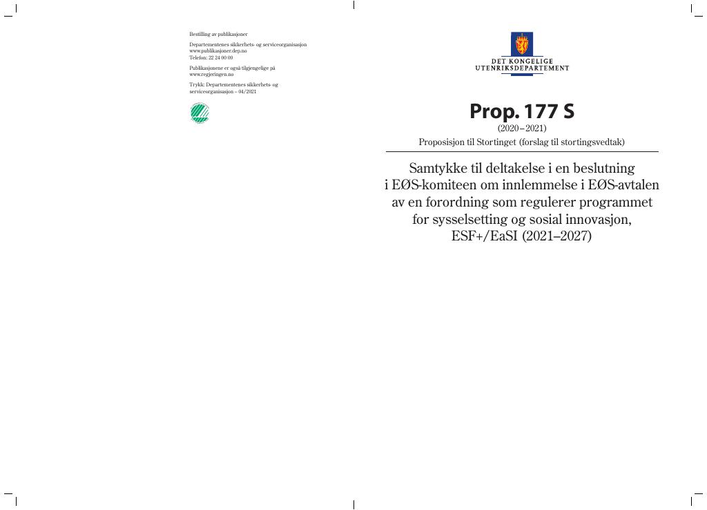 Forsiden av dokumentet Prop. 177 S (2020–2021)