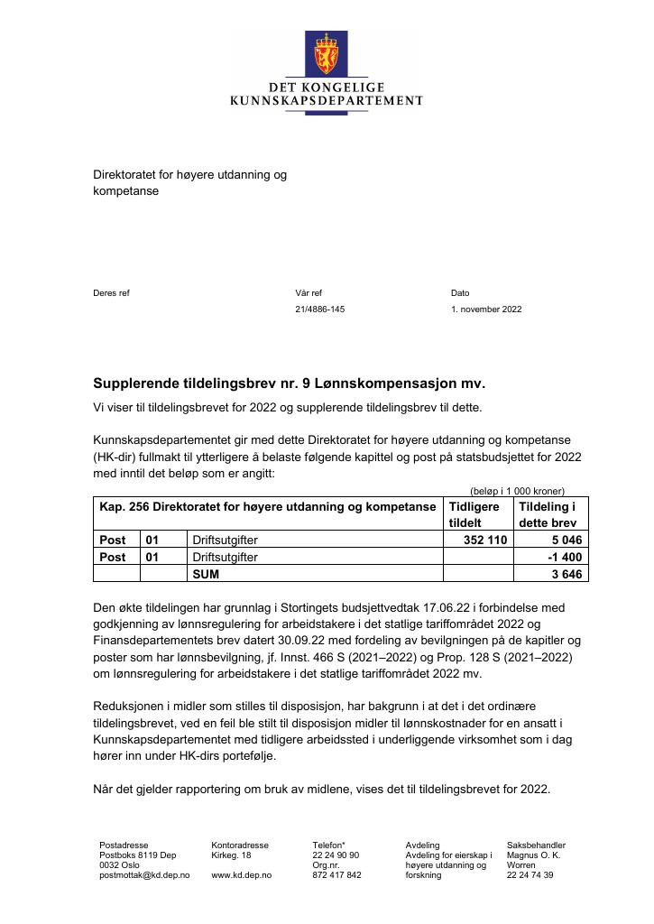 Forsiden av dokumentet Tildelingsbrev Direktoratet for høyere utdanning og kompetanse 2022 - tillegg nr. 9