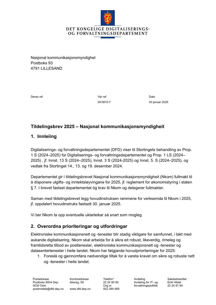 Forsiden av dokumentet Tildelingsbrev Nasjonal kommunikasjonsmyndigheit - Nkom 2025