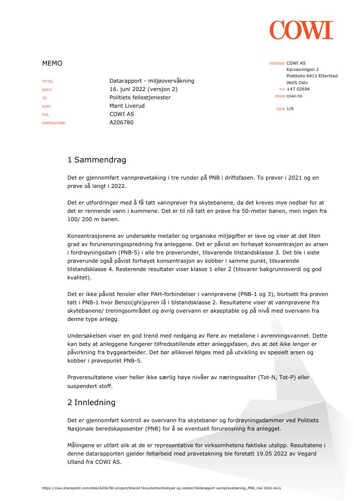 Forsiden av dokumentet Datarapport vannprøvetakning_PNB_mai 2022_versjon 2