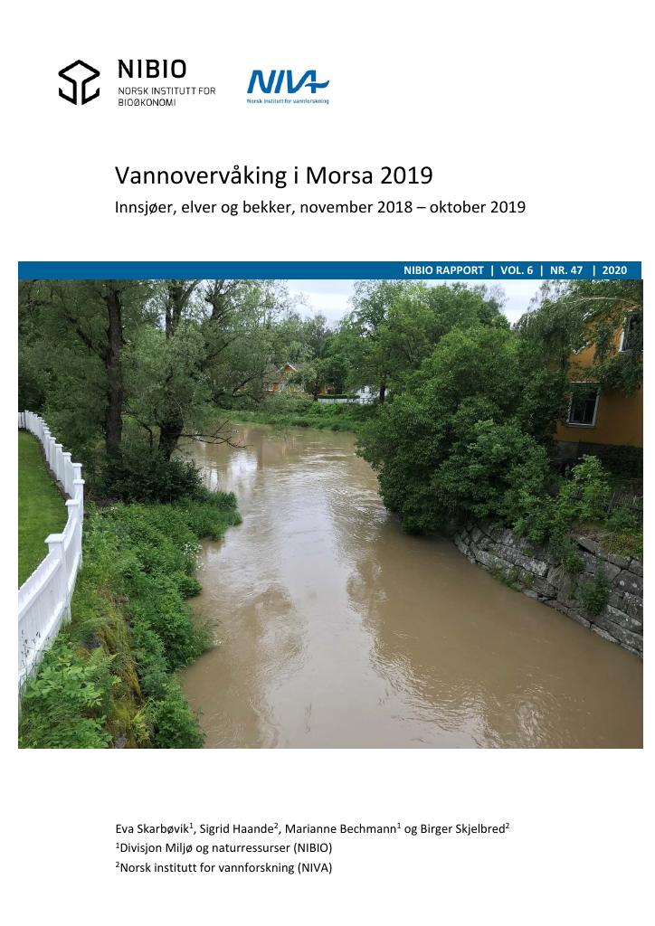 Forsiden av dokumentet Vannovervåking i Morsa 2019 : innsjøer, elver og bekker, november 2018 ‐ oktober 2019