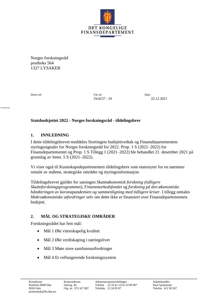 Tildelingsbrev Norges Forskningsråd 2022 - Kudos