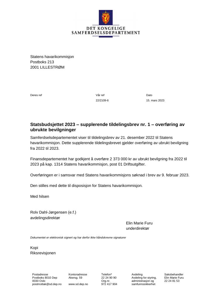 Forsiden av dokumentet Tildelingsbrev Statens havarikommisjon 2023 - tillegg nr. 1