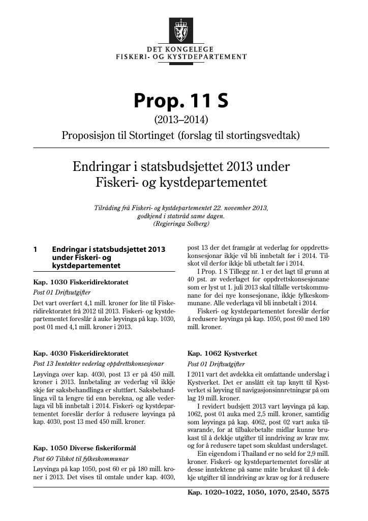 Forsiden av dokumentet Prop. 11 S (2013–2014)