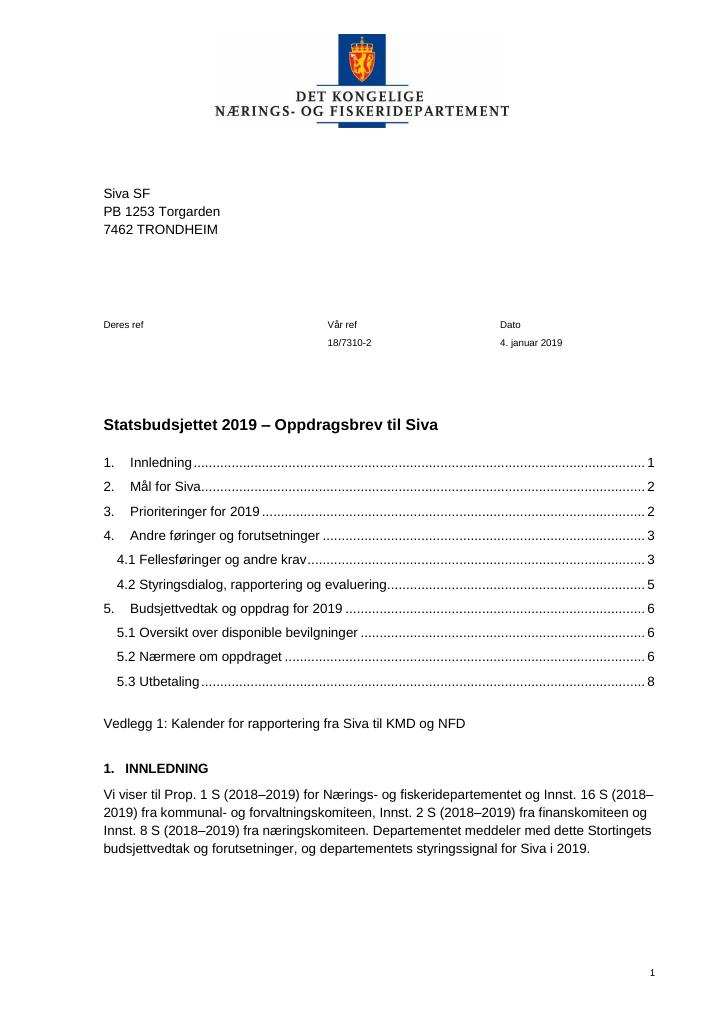 Forsiden av dokumentet Oppdragsbrev Siva 2019