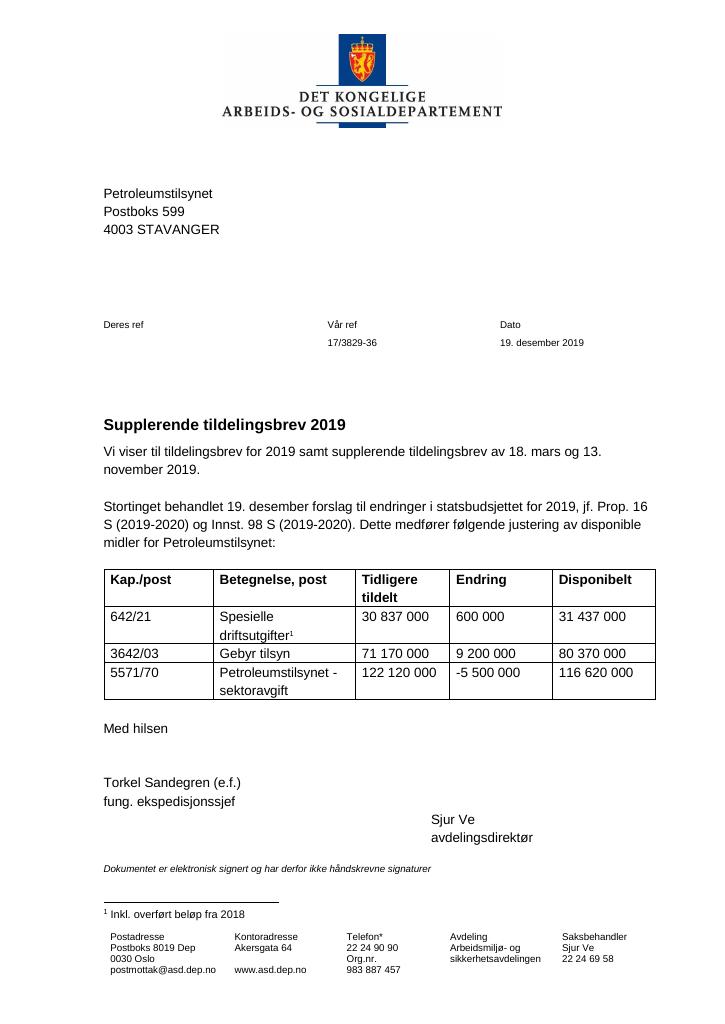 Forsiden av dokumentet Supplerende tildelingsbrev Petroleumstilsynet 2019 - tillegg nr. 5