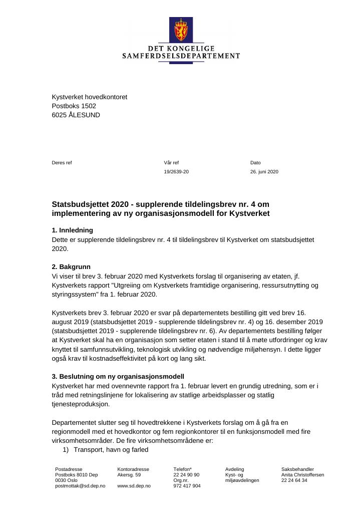 Forsiden av dokumentet Supplerende tildelingsbrev Kystverket hovedkontoret 2020 - nr. 4