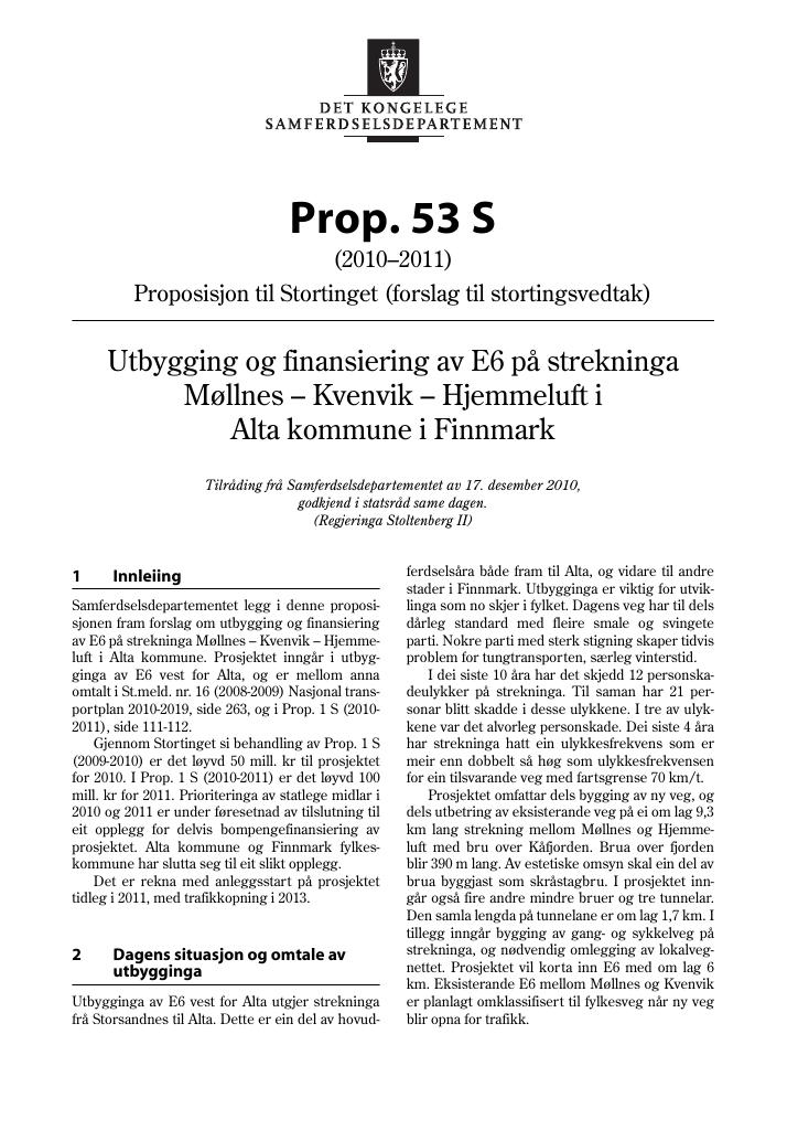 Forsiden av dokumentet Prop. 53 S (2010–2011)