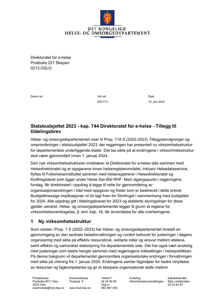 Forsiden av dokumentet tillegg til tildelingsbrev - ny virksomhetsstruktur 2023