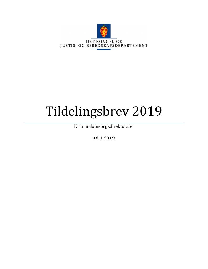 Forsiden av dokumentet Tildelingsbrev Kriminalomsorgsdirektoratet 2019