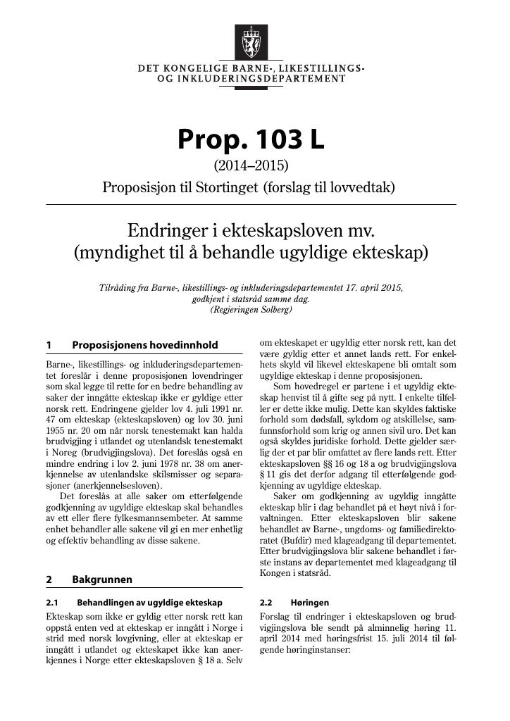 Forsiden av dokumentet Prop. 103 L (2014-2015)