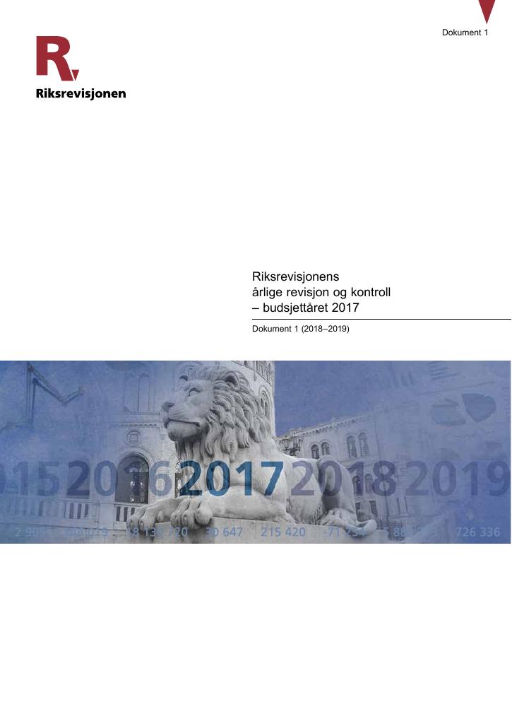 Forsiden av dokumentet Riksrevisjonens årlige revisjon og kontroll – budsjettåret 2017