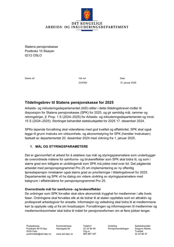 Forsiden av dokumentet Tildelingsbrev Statens pensjonskasse 2025